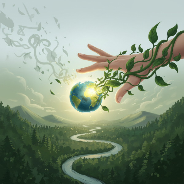 ภาพสัญลักษณ์แสดงความเชื่อมโยงระหว่างมนุษย์กับโลกธรรมชาติ การเยียวยา และความตระหนักรู้ทางนิเวศ