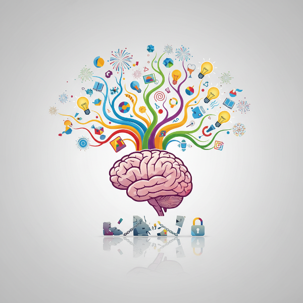 ภาพสัญลักษณ์ของสมองที่มีกิ่งก้านความคิดสร้างสรรค์หลากสีและรูปแบบ แสดงถึงมิติต่างๆ ของความคิด พร้อมอุปสรรคที่กำลังถูกทำลาย
