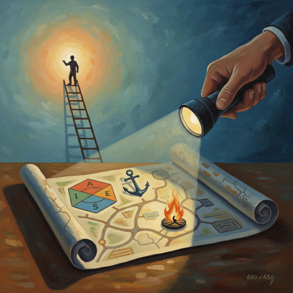 ภาพสัญลักษณ์ของการสำรวจตนเองเพื่อค้นหาเส้นทางอาชีพที่เหมาะสมและสมดุล