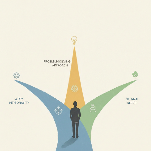 ภาพบุคคลอยู่หน้าทางแยกสามเส้นทางที่สว่างไสว สื่อถึงการค้นพบเส้นทางอาชีพที่สอดคล้องกับคุณค่าและจุดแข็งภายใน