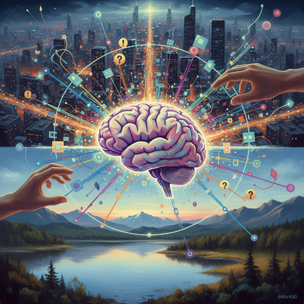 ภาพเชิงสัญลักษณ์แสดงกระบวนการคิดและการวิเคราะห์ข้อมูลของสมอง เพื่อตัดสินใจอย่างมีประสิทธิภาพ