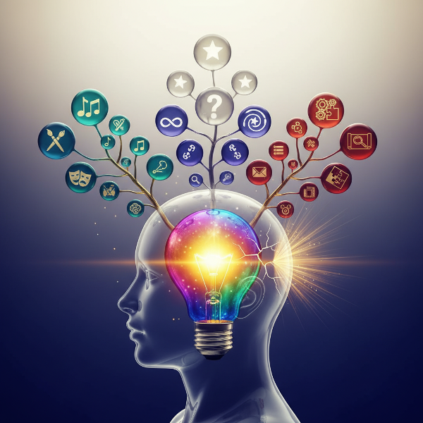 ภาพความคิดสร้างสรรค์ที่เปล่งประกายจากภายในจิตใจ แสดงถึงความหลากหลายของแนวคิดและการก้าวข้ามกำแพงภายใน