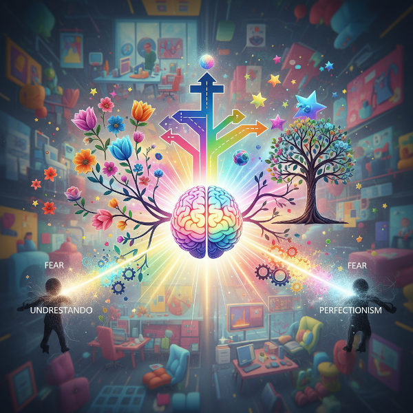 ภาพสัญลักษณ์แสดงการแตกกิ่งก้านของความคิดสร้างสรรค์ในหลายมิติ พร้อมแสงสว่างที่ขับไล่เงามืดของอุปสรรคภายใน