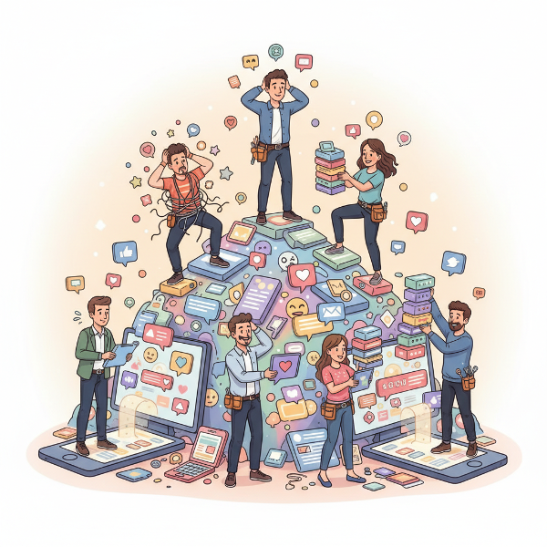 ภาพประกอบคนกำลังจัดการกับความทรงจำดิจิทัลที่ล้นหลามบนกองข้อความและรูปภาพ