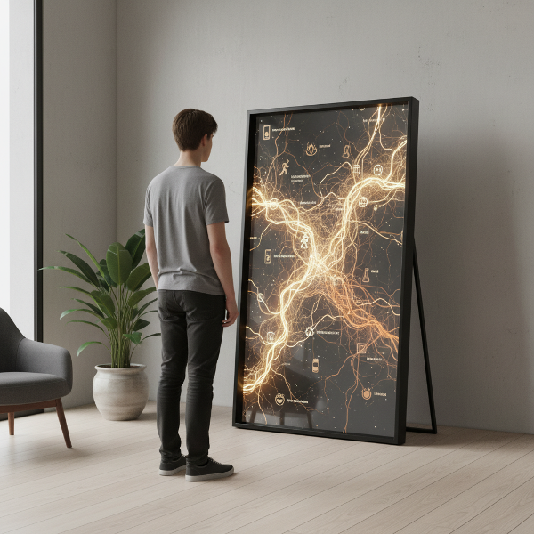 ภาพสแกนนิสัยอัตโนมัติในชีวิตประจำวัน แสดงเป็นเส้นประสาทสว่างและมืดในกระจกดิจิทัล สื่อถึงการตระหนักรู้และการเปลี่ยนแปลง