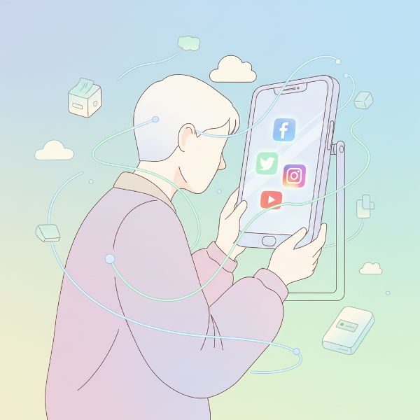 ภาพสัญลักษณ์แสดงการสำรวจความสัมพันธ์ระหว่างตัวตนกับโลกดิจิทัลผ่านกระจกเงา