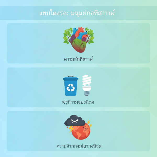 ภาพประกอบโทนเขียวน้ำเงิน แสดงหัวใจกับต้นไม้ ถังขยะรีไซเคิล และโลกที่อบอุ่น สื่อถึงสามมิติของการทดสอบความเชื่อมโยงกับธรรมชาติ