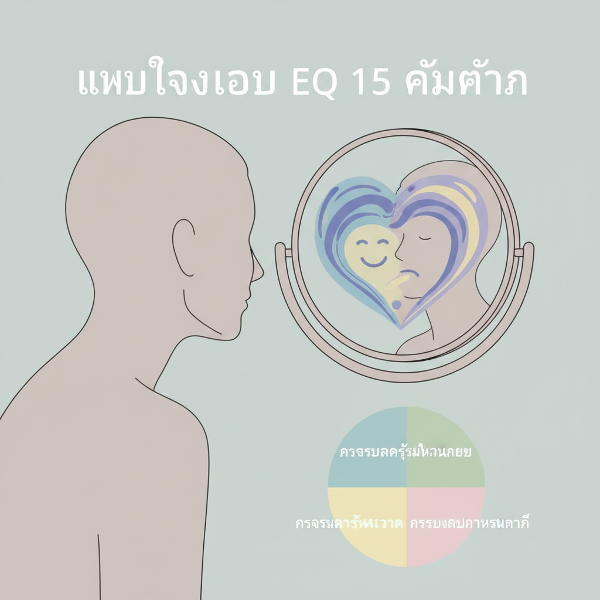 ภาพประกอบแบบทดสอบความฉลาดทางอารมณ์ (EQ) แสดงการประเมินทักษะ 4 ด้านผ่านสถานการณ์ชีวิตประจำวัน