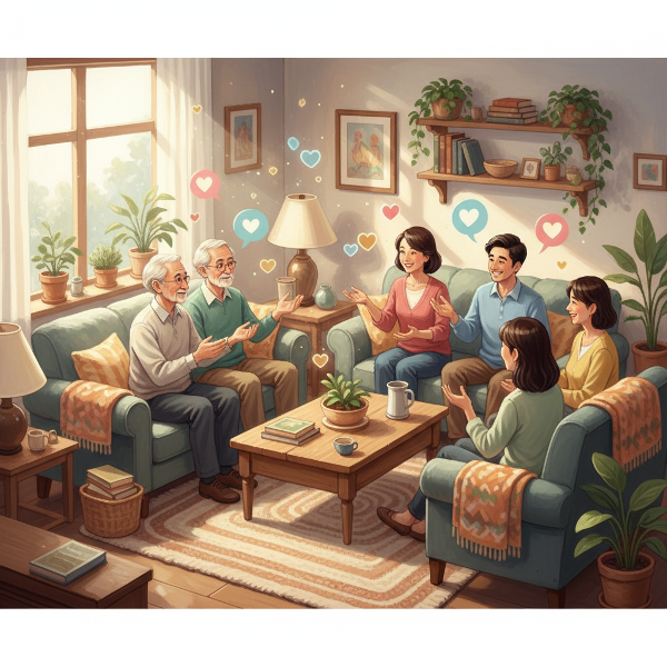 ครอบครัวสื่อสารอย่างอบอุ่นในห้องนั่งเล่น มีสัญลักษณ์คำพูดและหัวใจ