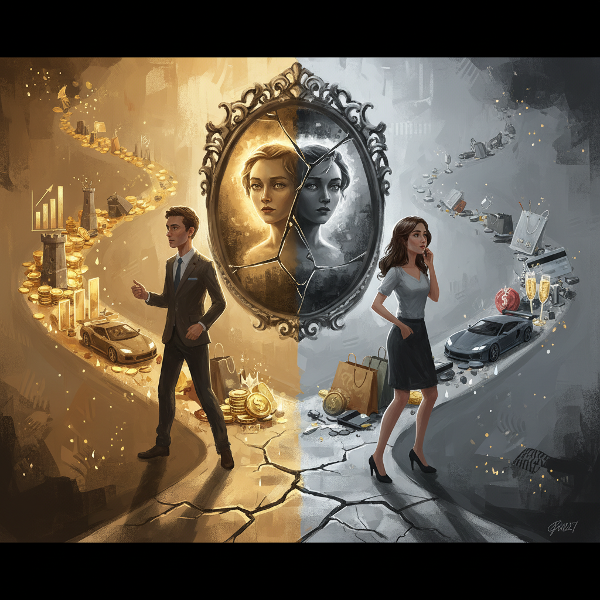 ภาพเส้นทางการเงินแยกสองทางกับกระจกสะท้อนอารมณ์