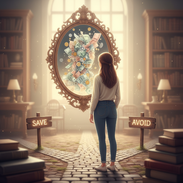 ภาพสัญลักษณ์ของการมองเข้าไปในกระจกเพื่อสำรวจความเชื่อและพฤติกรรมเกี่ยวกับเงินของตนเอง