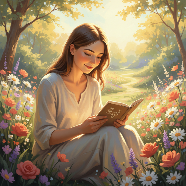 ภาพบุคคลในสวนที่สงบสุขกำลังสำรวจความสุขภายในตนเอง