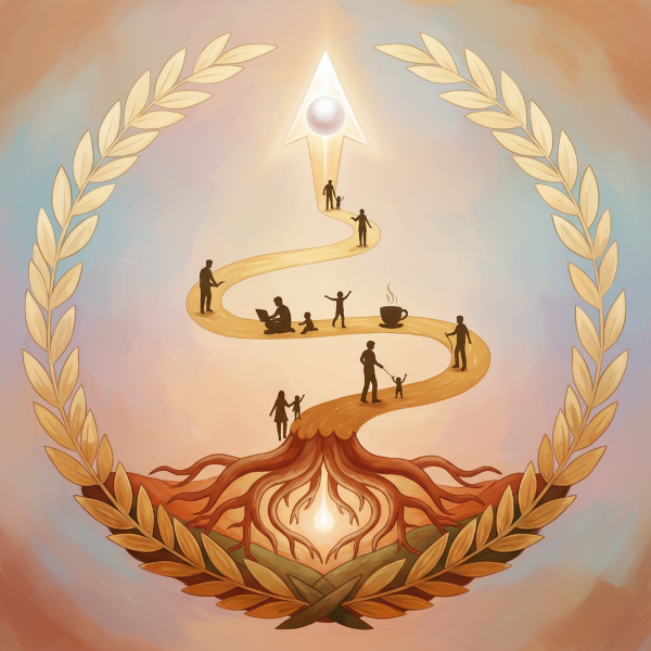 ภาพสัญลักษณ์แสดงความสมดุลระหว่างเส้นทางชีวิตภายนอกกับแสงสว่างภายในใจ