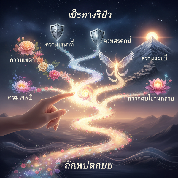 เส้นทางชีวิตที่แยกออกเป็นหลายทาง แต่ละทางมีสัญลักษณ์แทนคุณค่าที่แตกต่างกัน มีมือชี้ไปยังเส้นทางที่สว่าง