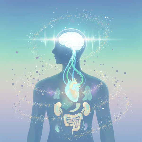 ภาพสัญลักษณ์แสดงความเชื่อมโยงระหว่างจิตใจและร่างกายด้วยเส้นสายแห่งแสง