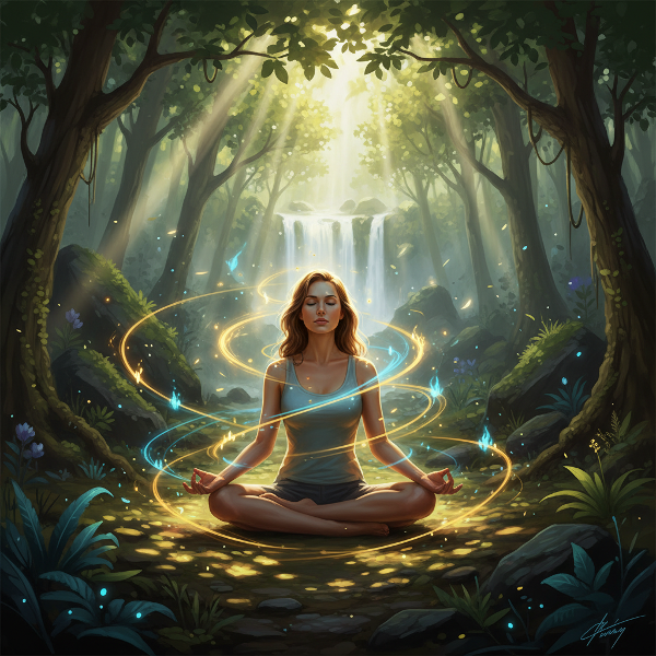 ภาพผู้หญิงนั่งสมาธิในป่า มีพลังงานสีทองและสีฟ้าไหลเวียนรอบตัว แสดงถึงความเชื่อมโยงระหว่างจิตใจและร่างกาย