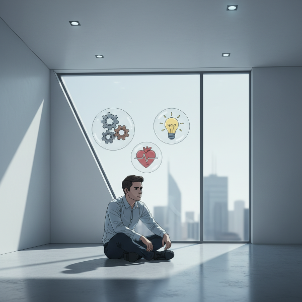 ภาพบุคคลกำลังครุ่นคิดกับกระบวนการคิดภายในที่ซับซ้อน