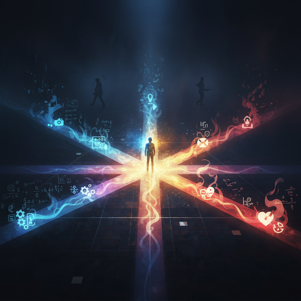 ภาพบุคคลอยู่กลางทางแยกแห่งการตัดสินใจ แสงสว่างแสดงกระบวนการคิด เส้นทางแทนตรรกะและอารมณ์ อคติจางหายในพื้นหลัง