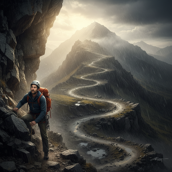 ภาพบุคคลปีนเขาท่ามกลางสภาพอากาศแปรปรวน สื่อถึงการเดินฝ่าความท้าทายและความไม่แน่นอนด้วยความยืดหยุ่น