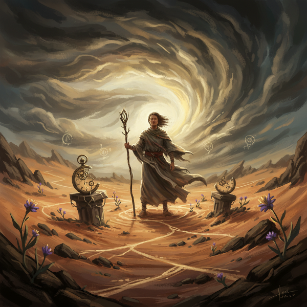 บุคคลในพายุทรายกับแสงสว่างและสัญลักษณ์แห่งการเปลี่ยนแปลง แสดงความยืดหยุ่น