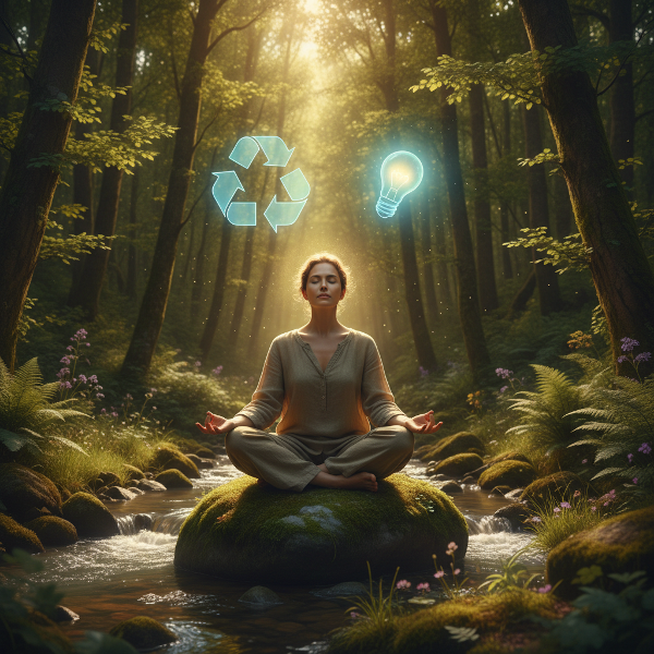 บุคคลในป่าสงบ โยงกับธรรมชาติและสัญลักษณ์การบริโภคอย่างมีสติ แสดงถึงการเยียวยาจิตใจและความรับผิดชอบต่อโลก