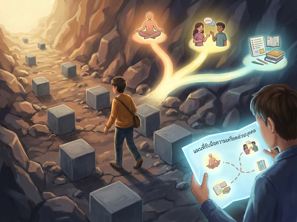 ภาพบุคคลเดินบนเส้นทางชีวิตที่มีอุปสรรค แต่พบทางเลือกในการจัดการที่ดี แสดงถึงการค้นหารูปแบบการรับมือความเครียดส่วนตัว