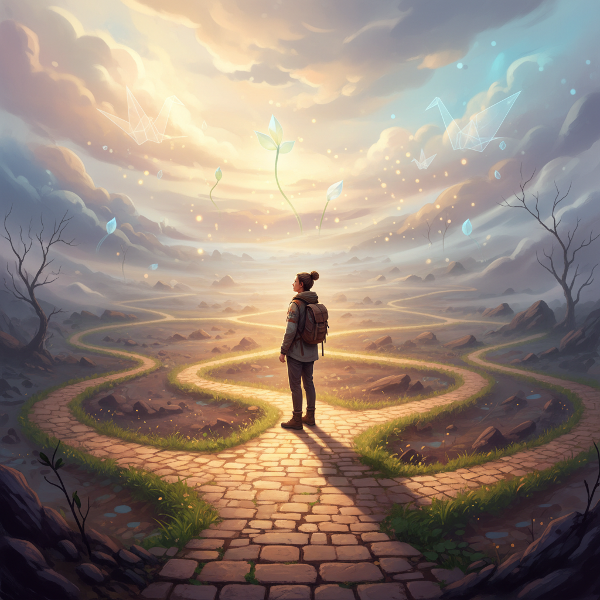 ภาพบุคคลที่ทางแยก สะท้อนการสำรวจเส้นทางในความไม่แน่นอนด้วยความหวังและการเติบโต