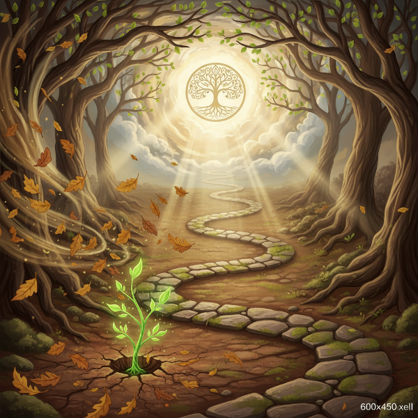 ภาพเชิงสัญลักษณ์ของการเปลี่ยนแปลง การเติบโต และการฟื้นคืนสู่สมดุล