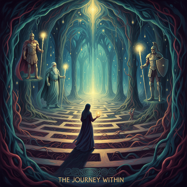 ภาพบุคคลในเขาวงกตจิตใจที่มีสัญลักษณ์ต้นแบบโบราณลอยล้อมรอบ แสงจากภายในส่องทางเดิน