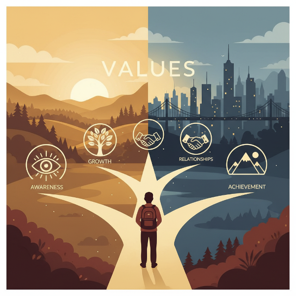 ภาพสัญลักษณ์การเดินทางค้นหาคุณค่าในชีวิตด้วยเส้นทางและสัญลักษณ์ต่างๆ