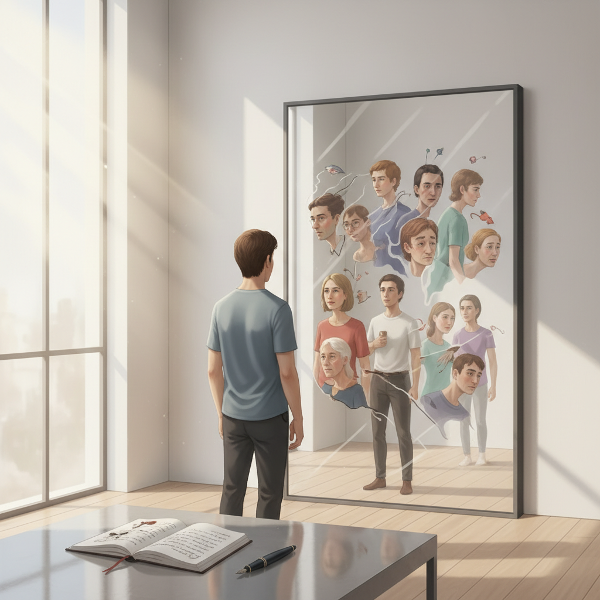 ภาพบุคคลกำลังสำรวจตนเองผ่านกระจกสะท้อนหลายมุมมองในบรรยากาศที่สงบ