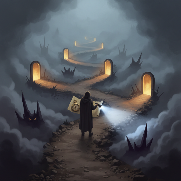 ภาพเส้นทางในหมอกที่มีทั้งโอกาสและอุปสรรค บุคคลใช้ทั้งแผนที่และไฟฉายเพื่อตัดสินใจ