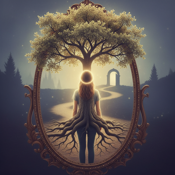 ภาพสัญลักษณ์ของการค้นพบตนเองผ่านกระจกเงาและต้นไม้ที่เติบโต