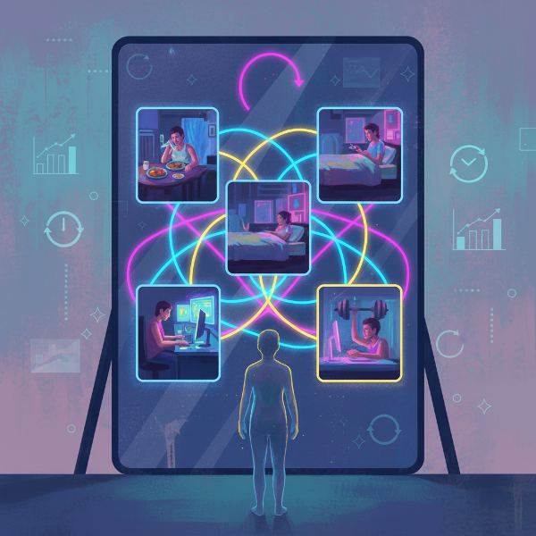 ภาพสัญลักษณ์แสดงตัวตนหลายด้านที่เชื่อมโยงกับกิจวัตรและรูปแบบอัตโนมัติในชีวิตประจำวัน