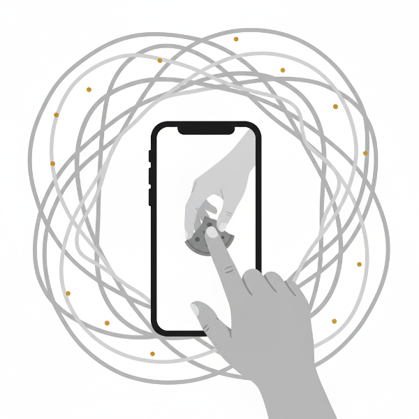 ภาพสัญลักษณ์แสดงพฤติกรรมอัตโนมัติในชีวิตประจำวัน เช่น การใช้โทรศัพท์และการกินขนม พร้อมการตีความถึงสติและรอยแยกทางความคิด