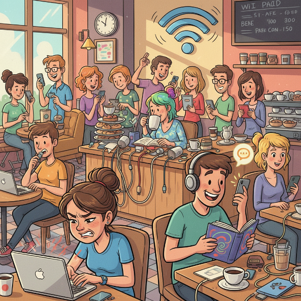 ภาพคาเฟ่ยุคดิจิทัลที่มีผู้คนเผชิญสถานการณ์แปลกใหม่