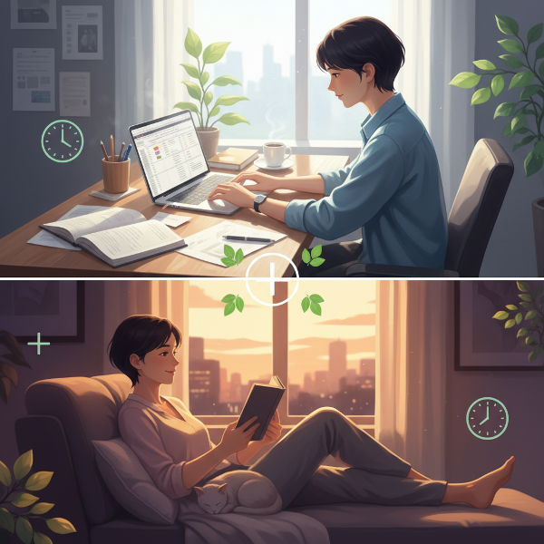 ภาพที่สื่อถึงความสมดุลระหว่างการทำงานและการใช้ชีวิตส่วนตัว ด้วยแสงสีและองค์ประกอบที่แสดงถึงความสมดุลและพลังงาน