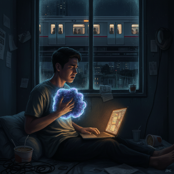 ภาพแสดงคุณนทีในห้องนอนมืด กำลังเผชิญกับอาการตึงเครียดและหายใจลำบากขณะพยายามนอน มีภาพรถไฟฟ้าแออัดเป็นพื้นหลัง สื่อถึงความวิตกกังวลรุนแรงและอาการแพนิคที่รบกวนการนอนและชีวิตประจำวัน