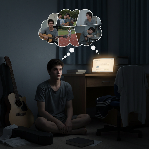 ภาพนักศึกษาชายไทยรู้สึกหมดไฟและสงสัยในอาการของตัวเอง เปรียบเทียบชีวิตที่เคยกระตือรือร้นกับปัจจุบันที่เหนื่อยล้าและขาดแรงจูงใจ