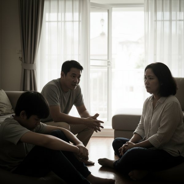ภาพครอบครัวที่กำลังเผชิญวิกฤตความสัมพันธ์หลังพ่อป่วยเป็นโรคซึมเศร้า แสดงความพยายามในการสื่อสารและฟื้นฟูความไว้วางใจ