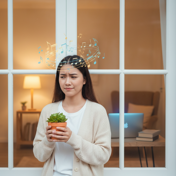 ภาพของนักจิตวิทยาหญิงที่กำลังครุ่นคิดระหว่างโลกแห่งงานกับความใกล้ชิดในความสัมพันธ์ โดยมีต้นไม้และโน้ตดนตรีเป็นตัวแทนของความสงบภายใน