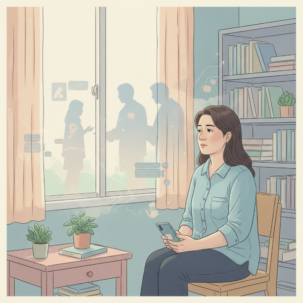 ภาพผู้หญิงวัย 52 ปีในห้องทำงานสีพาสเทล สะท้อนความเศร้าจากการสูญเสียและความพยายามในการเยียวยา