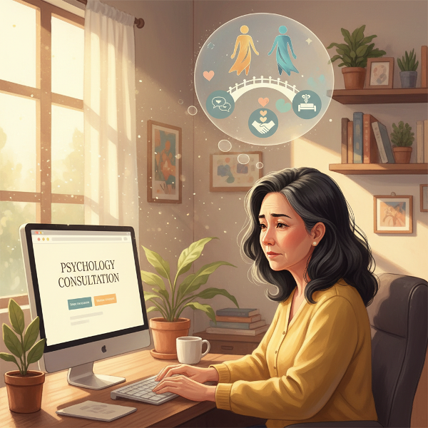 ภาพประกอบดิจิทัลแสดงผู้หญิงวัย 52 ปีในห้องทำงานที่อบอุ่น กำลังครุ่นคิดถึงปัญหาความใกล้ชิดในชีวิตสมรส พร้อมสัญลักษณ์ของการสื่อสาร การฟื้นฟูความสัมพันธ์ และการขอความช่วยเหลืออย่างมืออาชีพ