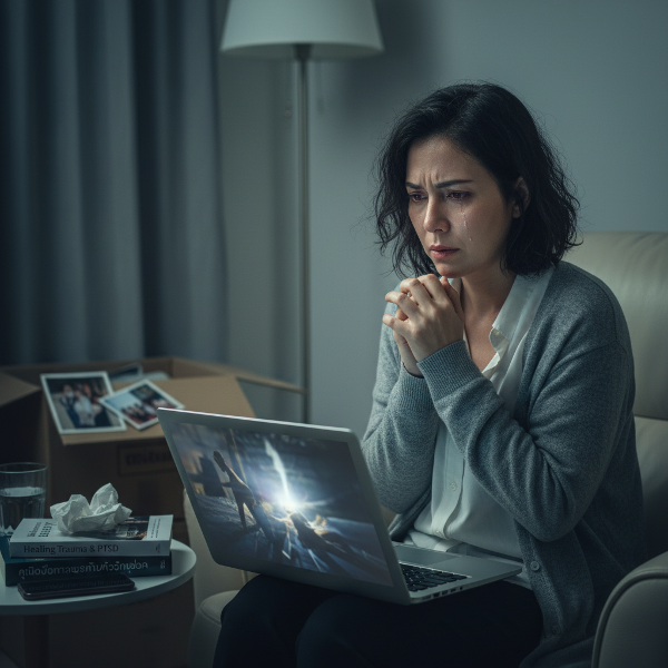 ภาพของนักจิตวิทยาหญิงชาวไทยวัย 38 ปี ที่กำลังเผชิญกับอาการบาดแผลทางจิตใจหลังการหย่าร้าง รู้สึกสับสนและหวาดกลัว มีอาการฝันซ้ำและหลีกเลี่ยงสังคม แม้จะเป็นผู้ให้คำปรึกษาก็ตาม