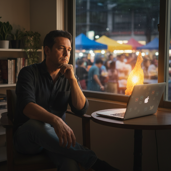 ภาพชายวัยกลางคนกำลังครุ่นคิดถึงภาวะซึมเศร้าและความวิตกกังวล กับแสงแห่งความหวังเบื้องหลัง