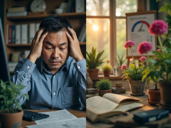 ภาพวิศวกรวัยกลางคนรู้สึกหมดไฟในที่ทำงาน แต่พบสมดุลชีวิตด้วยกิจกรรมที่ชอบ