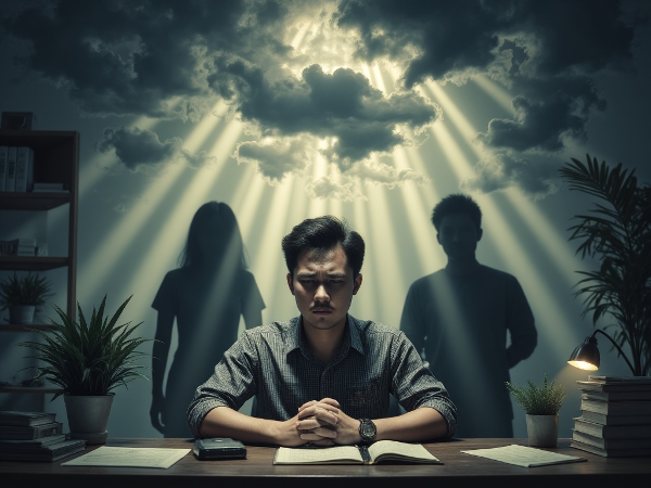 ภาพแสดงโปรแกรมเมอร์วัย 27 ปี กำลังเผชิญกับความเครียดจากงานและความคาดหวังของครอบครัว ส่งผลให้เกิดอาการปวดร่างกายและความขัดแย้งภายในใจ รวมถึงผลกระทบต่อความสัมพันธ์