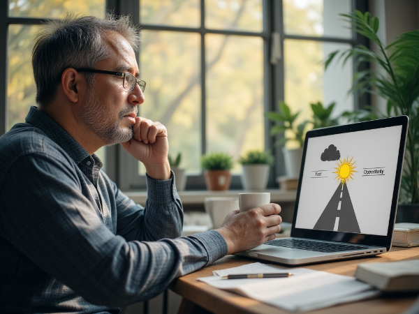 ภาพชายวัยกลางคนนักจิตวิทยากำลังครุ่นคิดถึงความกลัวและโอกาสในการทำงาน แสงยามเช้าและสัญลักษณ์งานอดิเรกอยู่รอบตัว