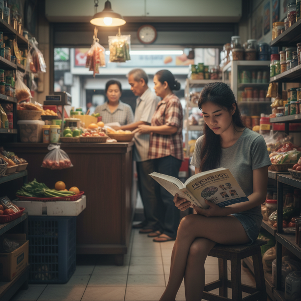 หญิงสาวนักศึกษาจิตวิทยานั่งทบทวนตัวเองในร้านของชำของครอบครัว สะท้อนความกดดันระหว่างความฝันส่วนตัวกับความคาดหวังจากที่บ้าน