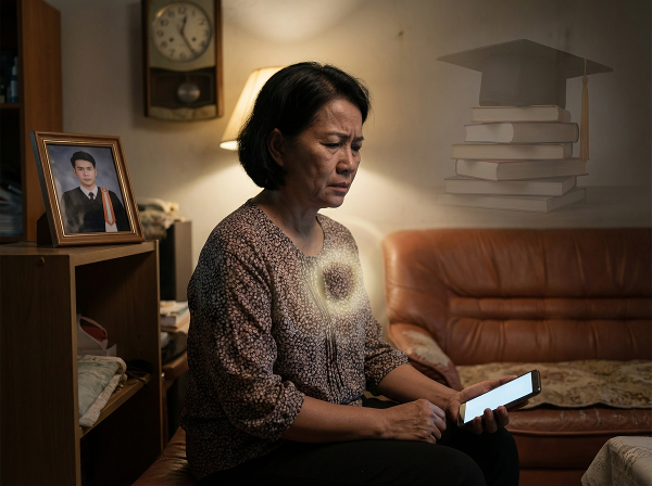 ภาพหญิงไทยวัย 58 ปี ที่รู้สึกโกรธและถูกทอดทิ้งจากลูกชาย แสดงความหงุดหงิดและความเหงาในห้องนั่งเล่น